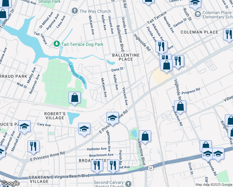 map of restaurants, bars, coffee shops, grocery stores, and more near 2934 Cape Henry Avenue in Norfolk