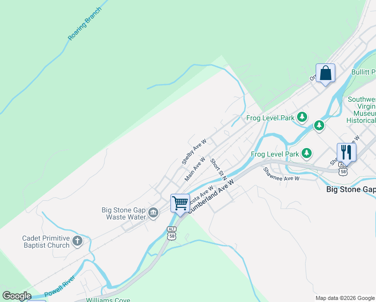 map of restaurants, bars, coffee shops, grocery stores, and more near 1189-1299 Shelby Avenue West in Big Stone Gap