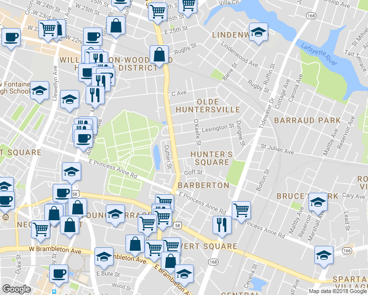 map of restaurants, bars, coffee shops, grocery stores, and more near 715 Washington Avenue in Norfolk
