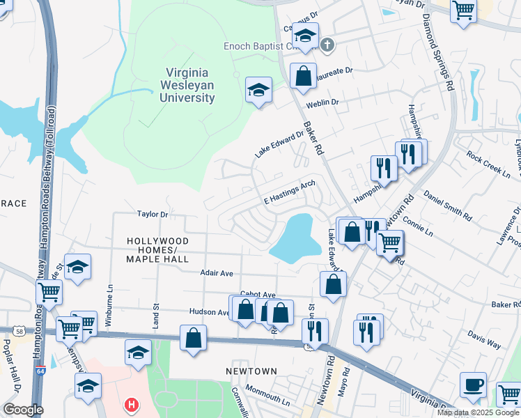 map of restaurants, bars, coffee shops, grocery stores, and more near 827 Lake Edward Drive in Virginia Beach