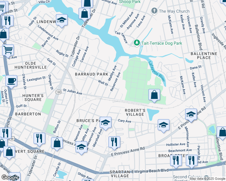 map of restaurants, bars, coffee shops, grocery stores, and more near 2228 Reservoir Avenue in Norfolk