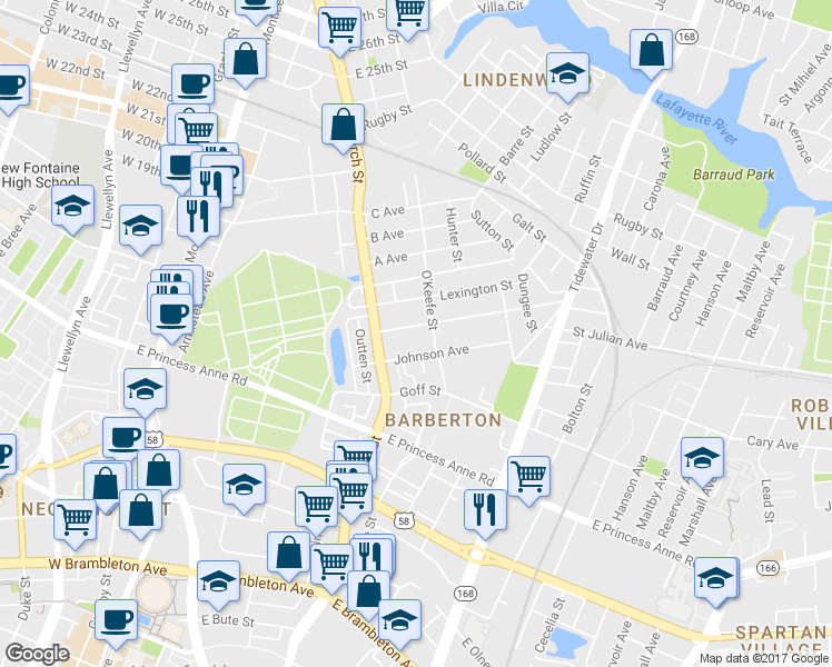 map of restaurants, bars, coffee shops, grocery stores, and more near 741 Washington Avenue in Norfolk