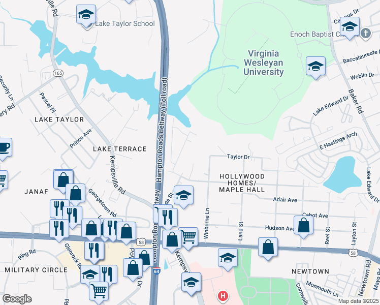 map of restaurants, bars, coffee shops, grocery stores, and more near 1238 Whaley Avenue in Norfolk