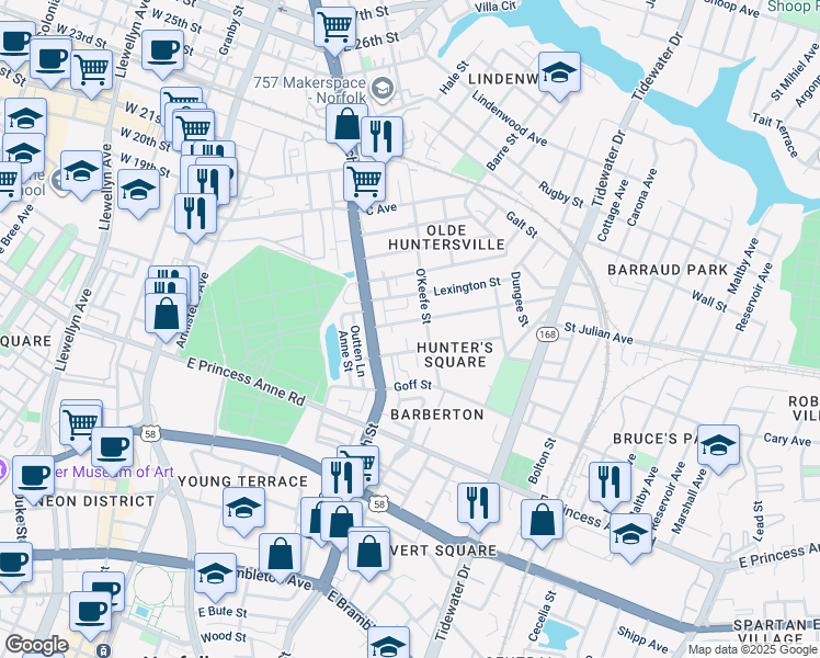 map of restaurants, bars, coffee shops, grocery stores, and more near 741 Washington Avenue in Norfolk