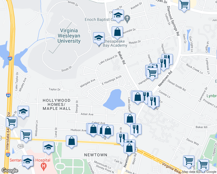 map of restaurants, bars, coffee shops, grocery stores, and more near 776 Lake Edward Drive in Virginia Beach