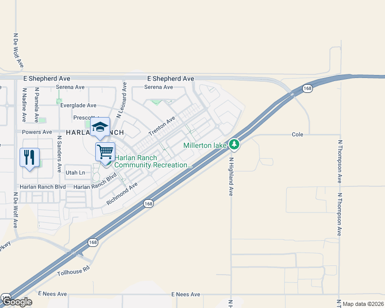 map of restaurants, bars, coffee shops, grocery stores, and more near 4078 Chessa Lane in Clovis
