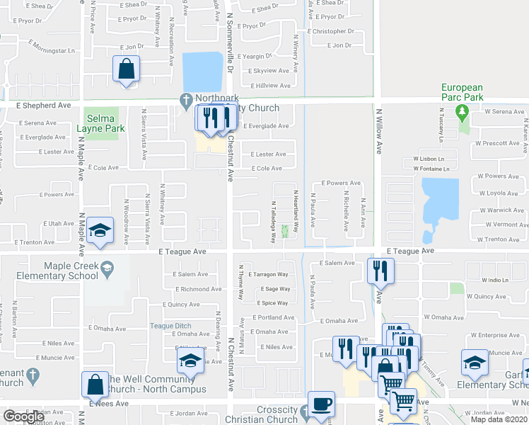 map of restaurants, bars, coffee shops, grocery stores, and more near 2658 East Bristol Court in Fresno