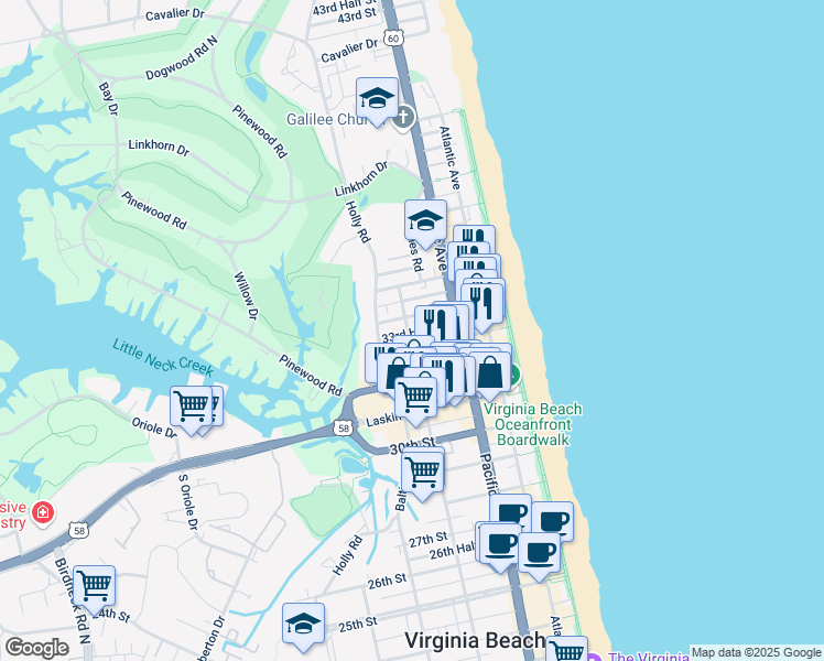 map of restaurants, bars, coffee shops, grocery stores, and more near 311 33rd Street in Virginia Beach