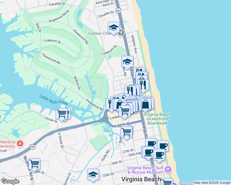 map of restaurants, bars, coffee shops, grocery stores, and more near 407 33rd Street in Virginia Beach