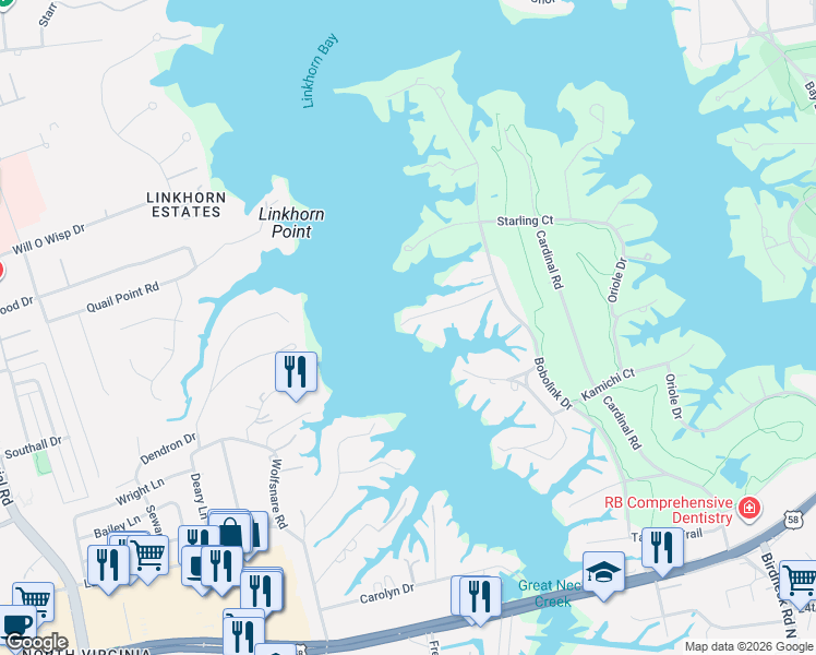 map of restaurants, bars, coffee shops, grocery stores, and more near 1333 Kingfisher Court in Virginia Beach