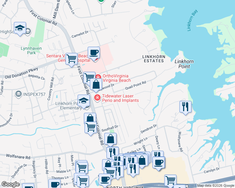 map of restaurants, bars, coffee shops, grocery stores, and more near 972 Lindsley Drive in Virginia Beach