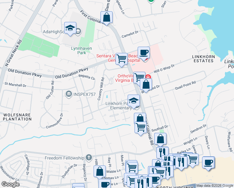 map of restaurants, bars, coffee shops, grocery stores, and more near 1029 Horton Place in Virginia Beach