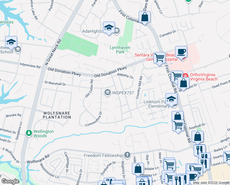 map of restaurants, bars, coffee shops, grocery stores, and more near 960 Calypso Lane in Virginia Beach