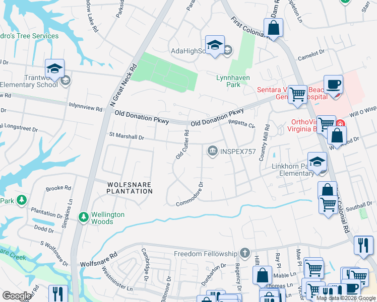 map of restaurants, bars, coffee shops, grocery stores, and more near 974 Old Cutler Road in Virginia Beach