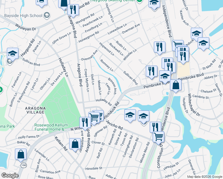 map of restaurants, bars, coffee shops, grocery stores, and more near 720 Teets Lane in Virginia Beach