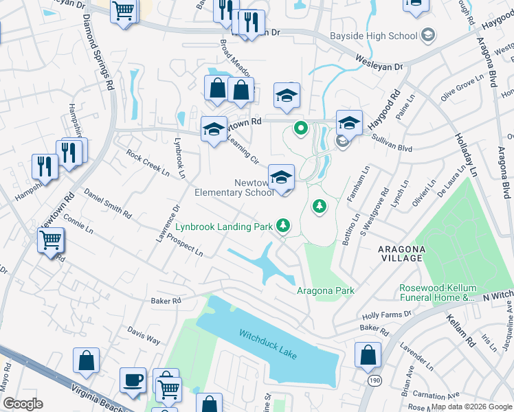 map of restaurants, bars, coffee shops, grocery stores, and more near 712 Crystal Springs Court in Virginia Beach