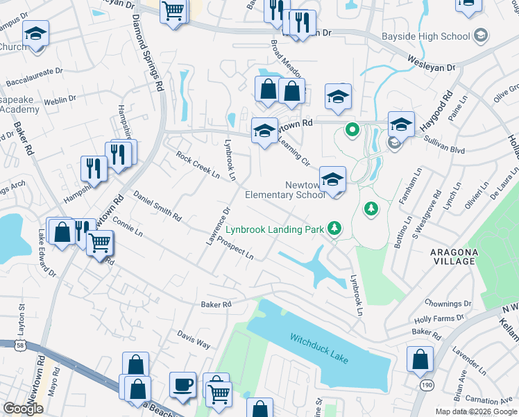 map of restaurants, bars, coffee shops, grocery stores, and more near 5524 Gosling Court in Virginia Beach