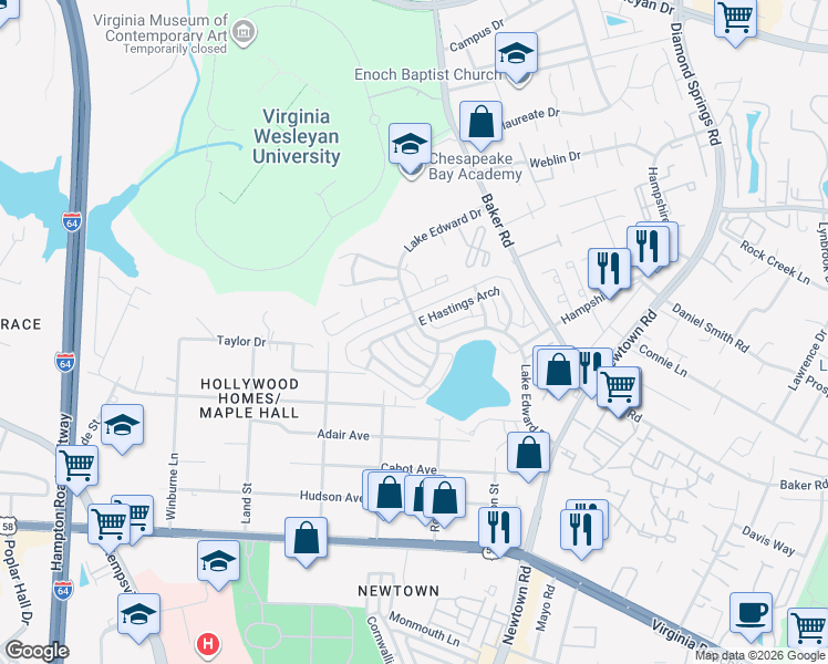 map of restaurants, bars, coffee shops, grocery stores, and more near 817 Lake Edward Drive in Virginia Beach