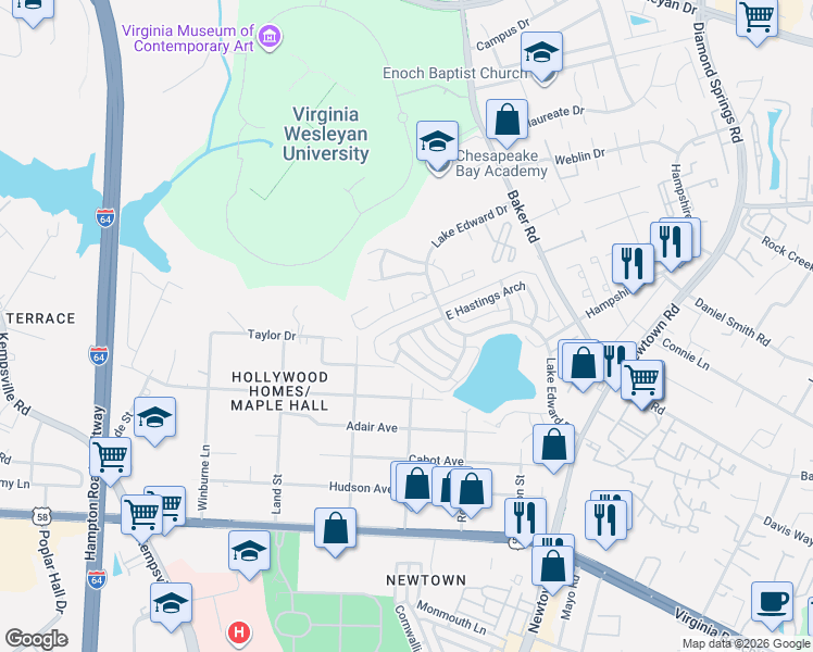 map of restaurants, bars, coffee shops, grocery stores, and more near 5830 West Hastings Arch in Virginia Beach