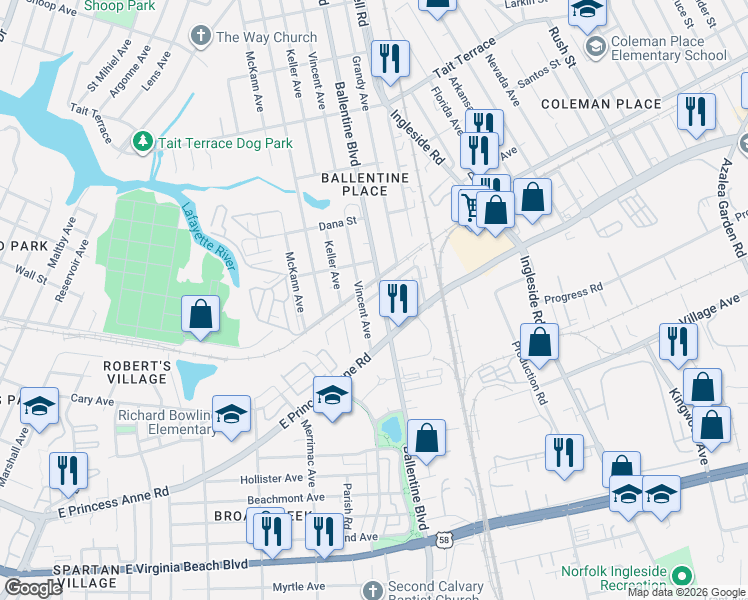 map of restaurants, bars, coffee shops, grocery stores, and more near 2149 Vincent Avenue in Norfolk