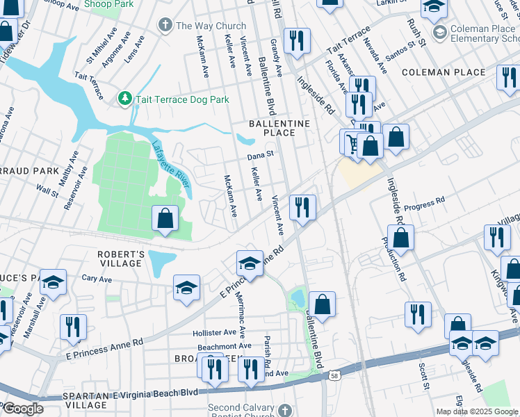 map of restaurants, bars, coffee shops, grocery stores, and more near 2922 Cape Henry Avenue in Norfolk