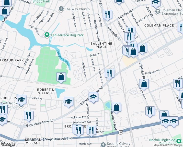 map of restaurants, bars, coffee shops, grocery stores, and more near 2922 Cape Henry Avenue in Norfolk