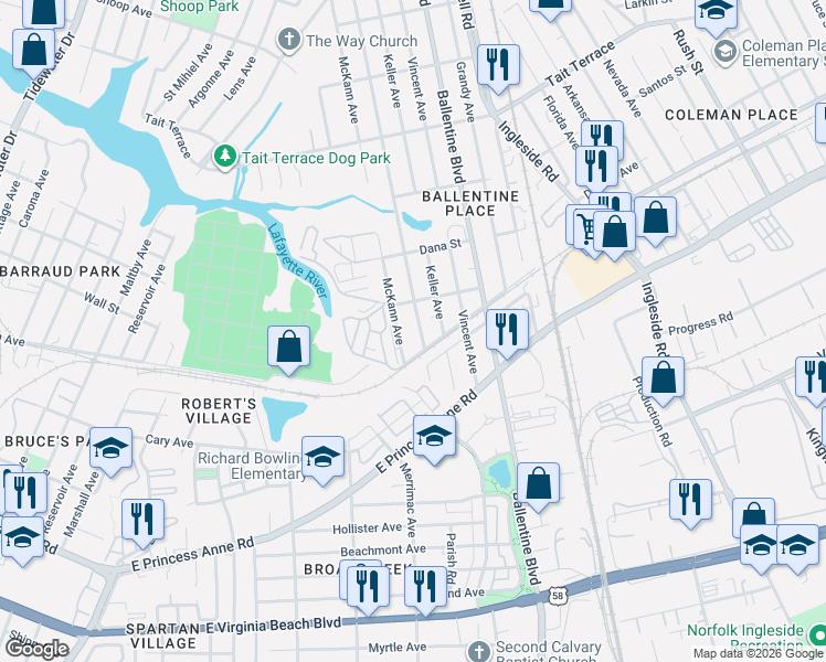 map of restaurants, bars, coffee shops, grocery stores, and more near 2922 Cape Henry Avenue in Norfolk