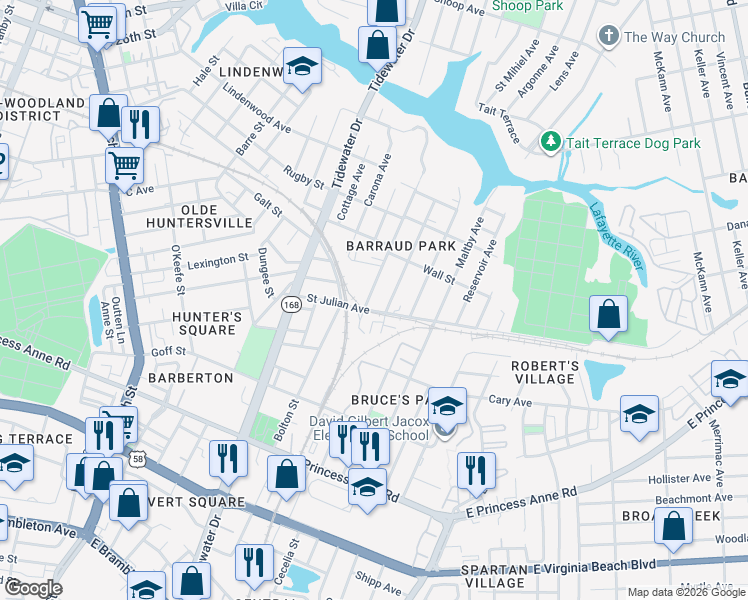 map of restaurants, bars, coffee shops, grocery stores, and more near 1136 Saint Julian Avenue in Norfolk
