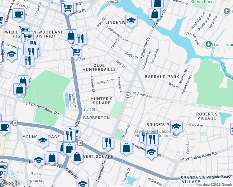 map of restaurants, bars, coffee shops, grocery stores, and more near 886S Johnson Avenue in Norfolk