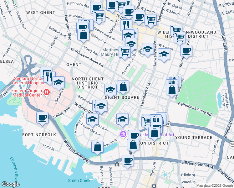 map of restaurants, bars, coffee shops, grocery stores, and more near 837 Botetourt Gardens in Norfolk