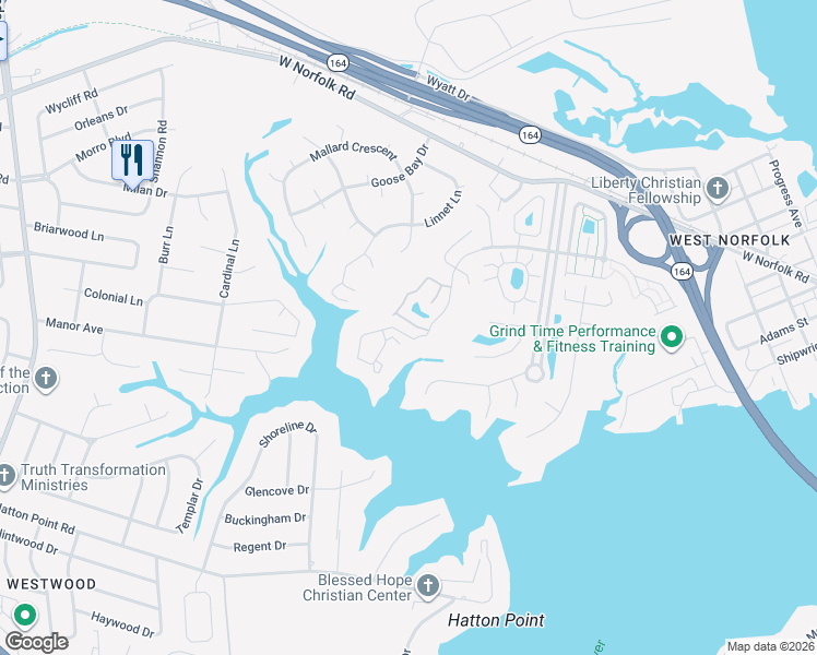 map of restaurants, bars, coffee shops, grocery stores, and more near 103 Sawgrass Lane in Portsmouth