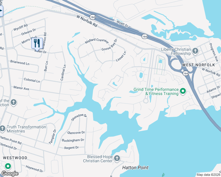 map of restaurants, bars, coffee shops, grocery stores, and more near 103 Sawgrass Lane in Portsmouth