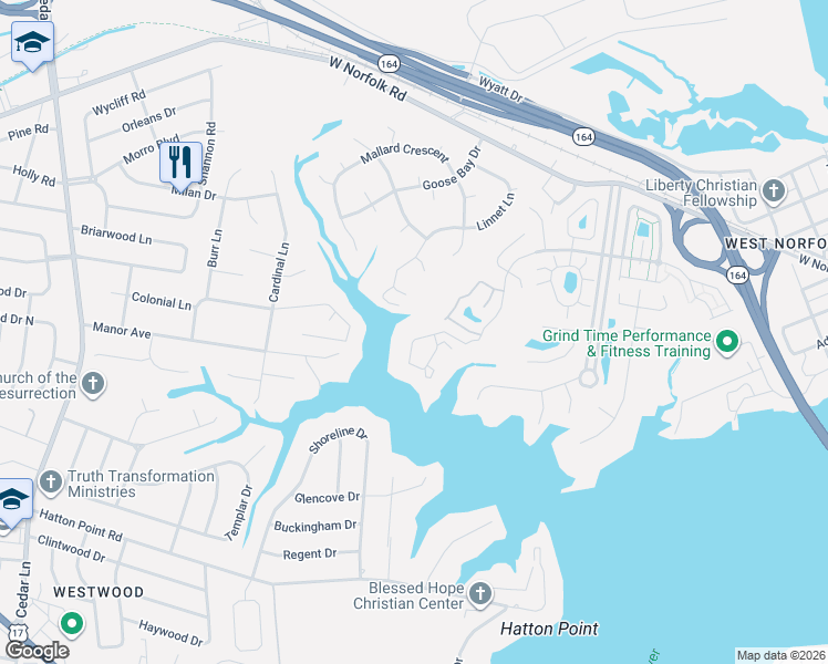map of restaurants, bars, coffee shops, grocery stores, and more near 1701 Sawgrass Lane in Portsmouth