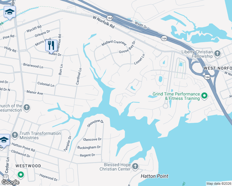 map of restaurants, bars, coffee shops, grocery stores, and more near 1701 Sawgrass Lane in Portsmouth