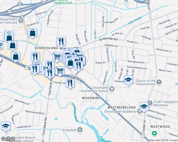 map of restaurants, bars, coffee shops, grocery stores, and more near 5601 Danvers Road in Portsmouth