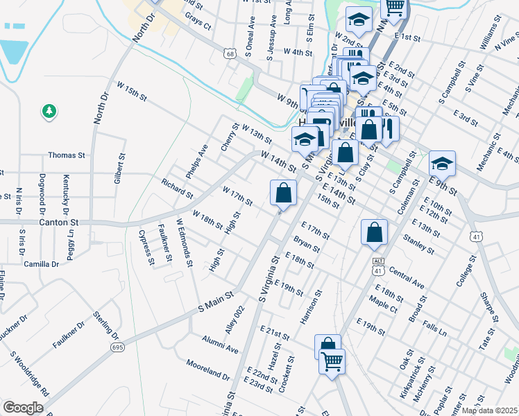 map of restaurants, bars, coffee shops, grocery stores, and more near 210 West 17th Street in Hopkinsville