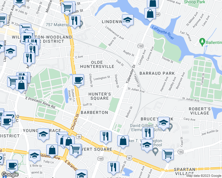 map of restaurants, bars, coffee shops, grocery stores, and more near 1445 Proescher Street in Norfolk