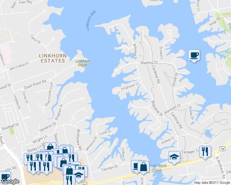 map of restaurants, bars, coffee shops, grocery stores, and more near 1333 Kingfisher Court in Virginia Beach