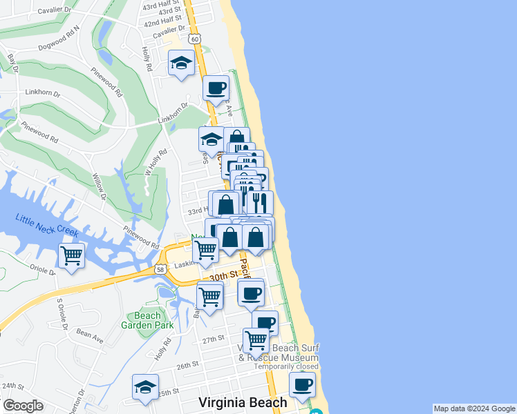 map of restaurants, bars, coffee shops, grocery stores, and more near 9 33rd Street in Virginia Beach