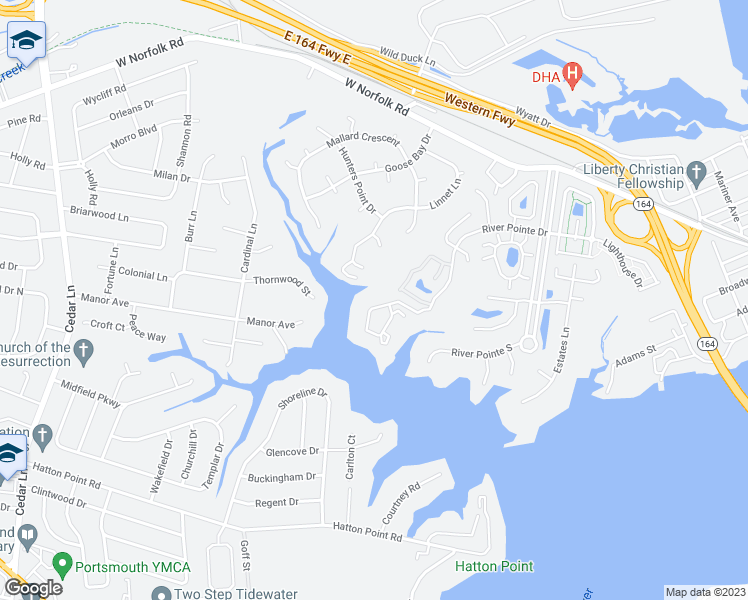 map of restaurants, bars, coffee shops, grocery stores, and more near 603 Sawgrass Lane in Portsmouth