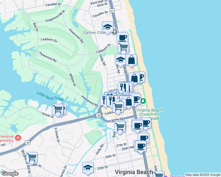 map of restaurants, bars, coffee shops, grocery stores, and more near 406 34th Street in Virginia Beach