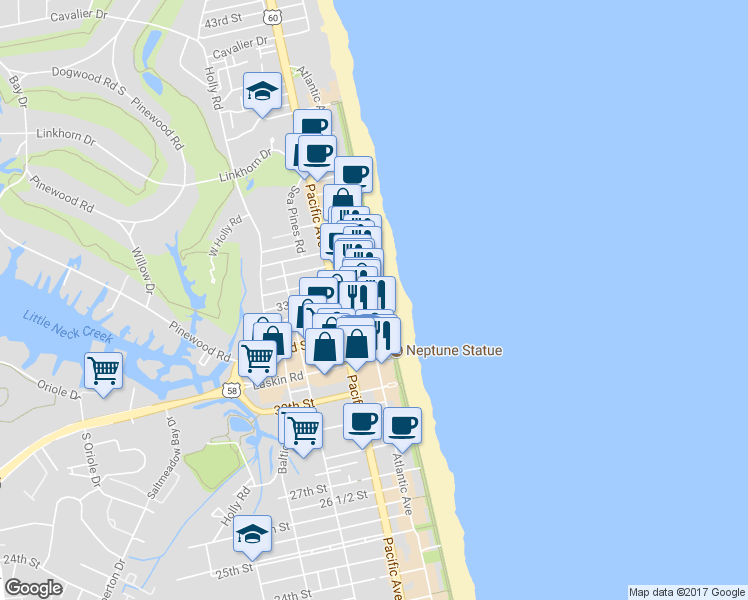 map of restaurants, bars, coffee shops, grocery stores, and more near 7 33rd Street in Virginia Beach