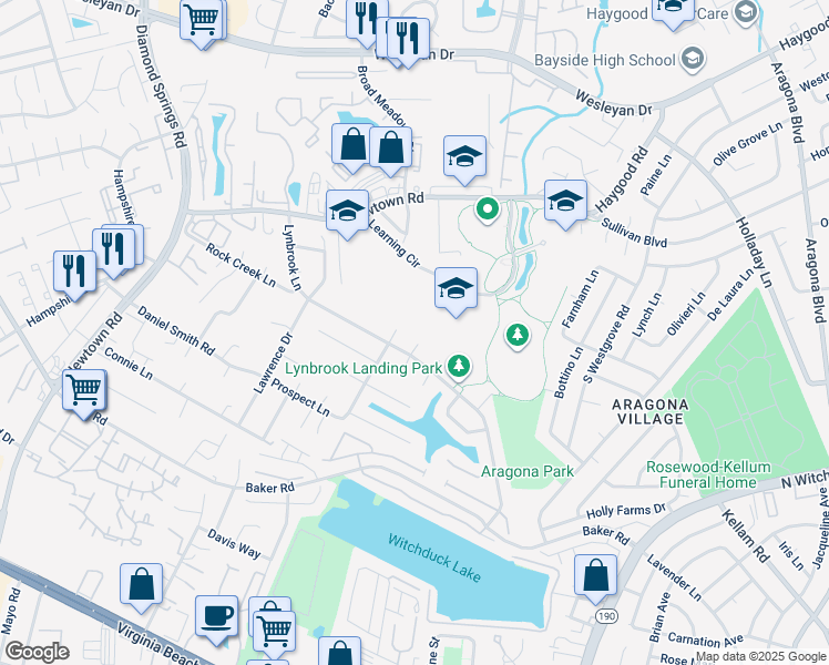 map of restaurants, bars, coffee shops, grocery stores, and more near 715 Crystal Springs Court in Virginia Beach