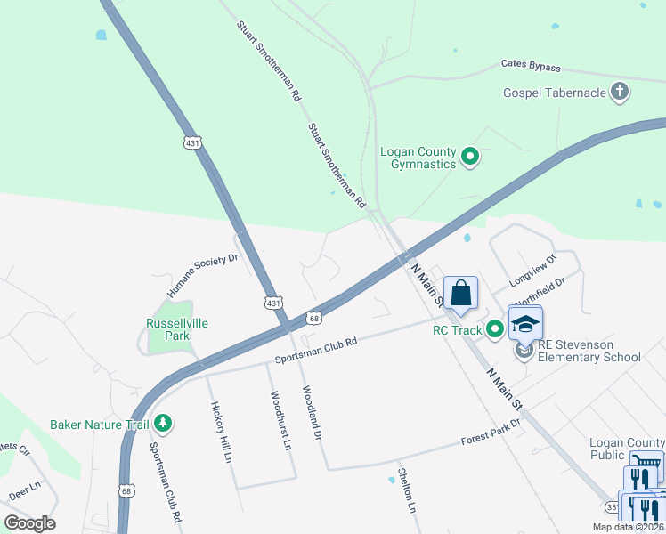 map of restaurants, bars, coffee shops, grocery stores, and more near 113 Hillwood road in Russellville