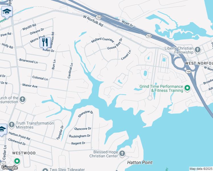 map of restaurants, bars, coffee shops, grocery stores, and more near 1701 Sawgrass Lane in Portsmouth