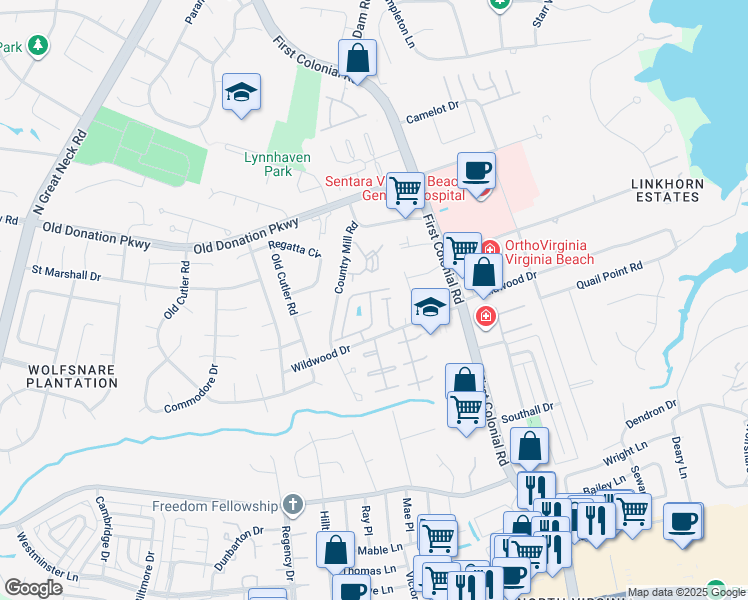 map of restaurants, bars, coffee shops, grocery stores, and more near 1877 Calash Way in Virginia Beach