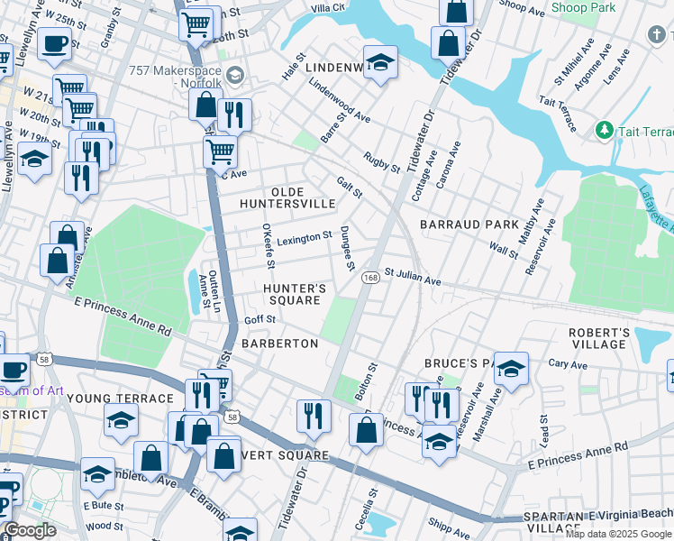 map of restaurants, bars, coffee shops, grocery stores, and more near 1446 Proescher Street in Norfolk