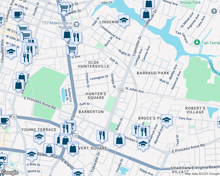 map of restaurants, bars, coffee shops, grocery stores, and more near 1446 Proescher Street in Norfolk