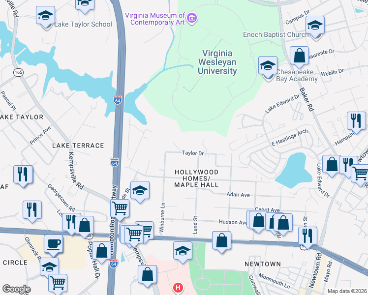 map of restaurants, bars, coffee shops, grocery stores, and more near 6272 Taylor Drive in Norfolk