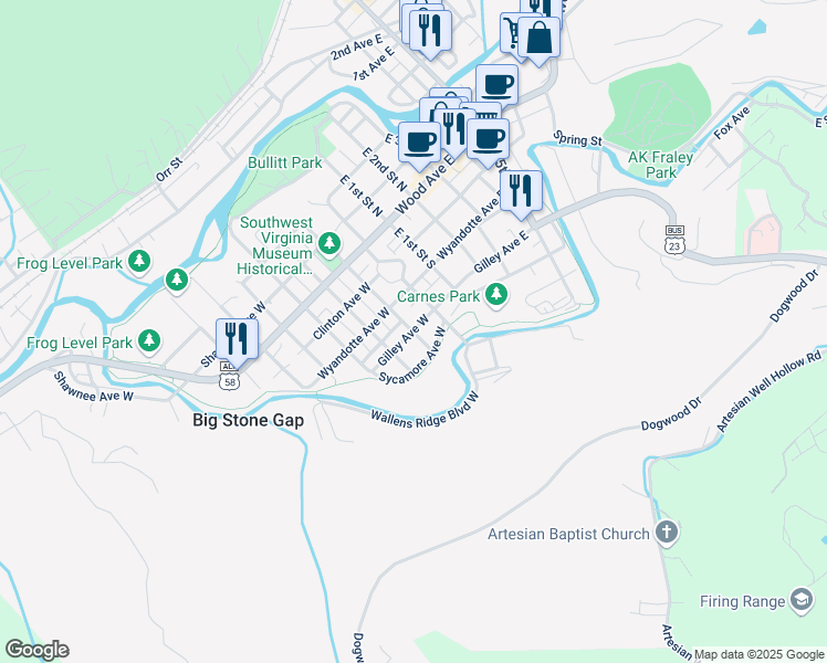 map of restaurants, bars, coffee shops, grocery stores, and more near 101 Gilley Avenue West in Big Stone Gap